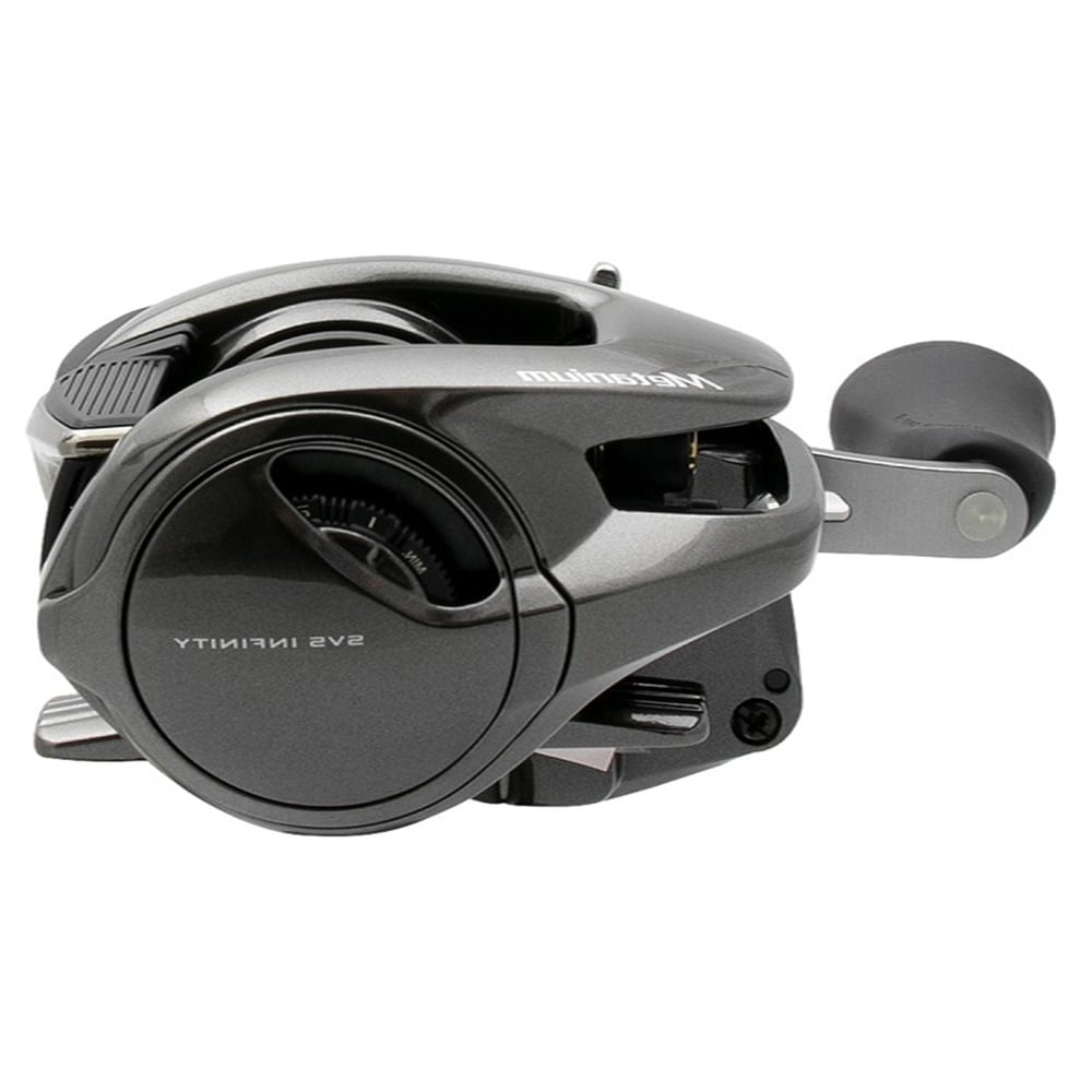 Presenting the Shimano Metanium MGL 151HGB from americanlegacyfishing: a sophisticated, silver casting reel known for its compact and contemporary design. Featuring a Magnesium CoreSolid Body for outstanding durability, it includes a large, round knob for optimal grip and utilizes smooth SVS Infinity Braking to ensure effortless use.