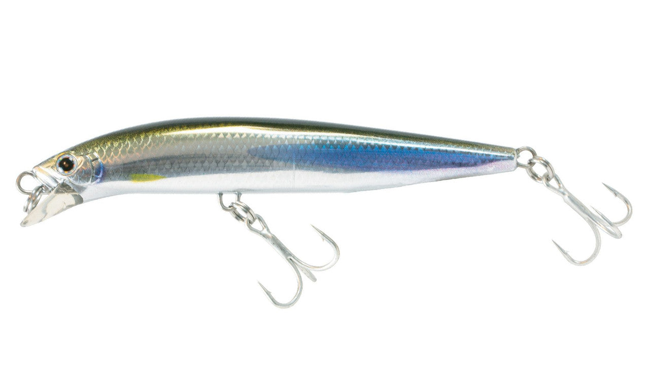 The Shimano Current Sniper Jerkbait | OM170PEBB is a metallic, fish-shaped lure with a shiny silver-blue body and two treble hooks, one beneath and one at the tail.