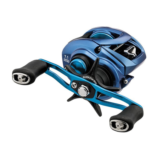 The Daiwa Coastal SV TW 7.1:1 Left Hand Casting Reel (CLSVTW150HSL) is a metallic blue, black, and silver baitcaster with dual handles and black grips. Designed for inshore saltwater use, it features sleek aerodynamic elements and is marked with a "7.1" gear ratio.