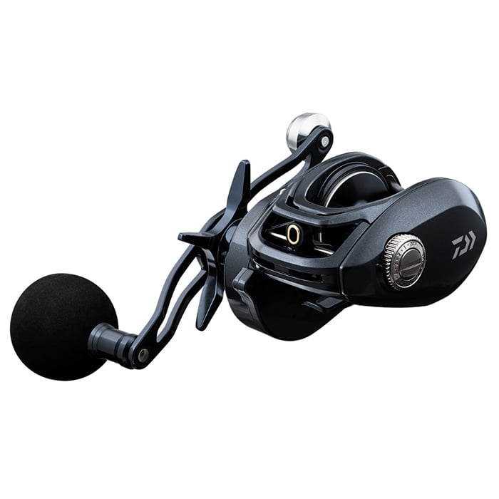 The Daiwa Lexa Type HD 400HS-P Casting Reel features a sleek black and silver finish with a large black handle grip and intricate design details. Its compact build is ideal for casting techniques, enhanced by the CRBB Corrosion Resistant Ball Bearing System.