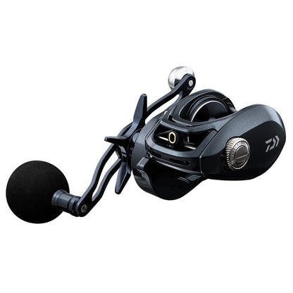 The Daiwa Lexa Type HD 400HS-P Casting Reel features a sleek black and silver finish with a large black handle grip and intricate design details. Its compact build is ideal for casting techniques, enhanced by the CRBB Corrosion Resistant Ball Bearing System.