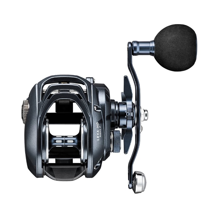 The Daiwa Lexa Type HD 400HS-P 7.1:1 Casting Reel (LX-HD400HS-P) features a black and metallic design, large ergonomic handle, complex gear system, and CRBB Corrosion Resistant Ball Bearing System for efficient fishing with modern engineering.