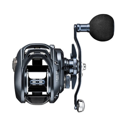 The Daiwa Lexa Type HD 400HS-P 7.1:1 Casting Reel (LX-HD400HS-P) features a black and metallic design, large ergonomic handle, complex gear system, and CRBB Corrosion Resistant Ball Bearing System for efficient fishing with modern engineering.