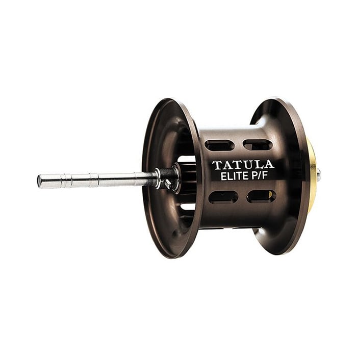The Daiwa Tatula Elite P/F 103XS 8.1:1 Casting Reel features a sleek metallic spool design with cutouts and an extended shaft. "TATULA ELITE P/F" is prominently printed, highlighting its advanced Magforce system for excellent pitching and flipping performance.