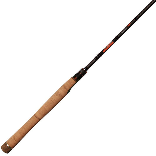 The Dobyns Champion Extreme HP 7'4" Medium Spinning Rod features a textured, ergonomic cork handle, perfect for tournament fishing. The sleek black design with detailed markings ensures precision in every cast.