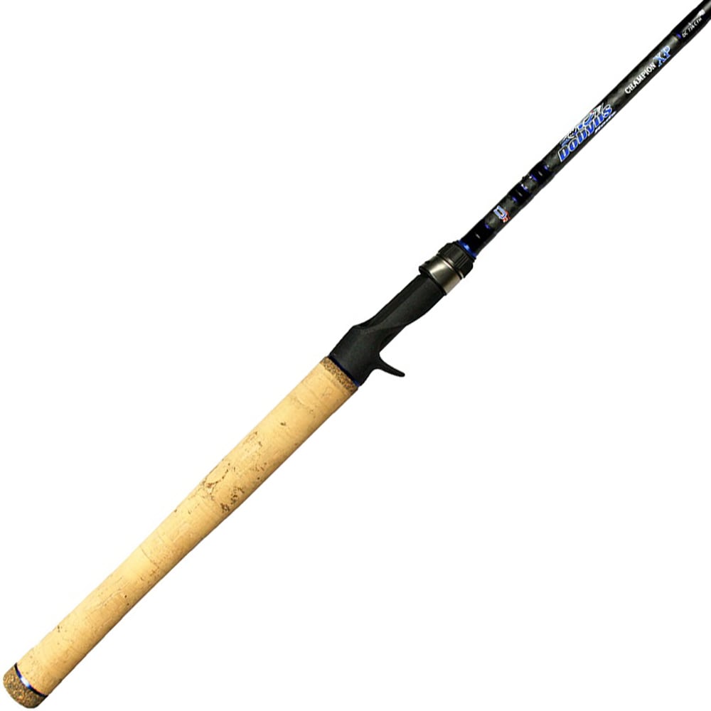Introducing the Dobyns Champion XP 7'6" Medium Heavy Crankbait Rod, featuring a cork handle and a sleek black and blue design. Crafted with High Modulus Graphite Blanks and Fuji Guides, it provides a comfortable grip and straightforward reel seat for effortless handling during angling adventures.