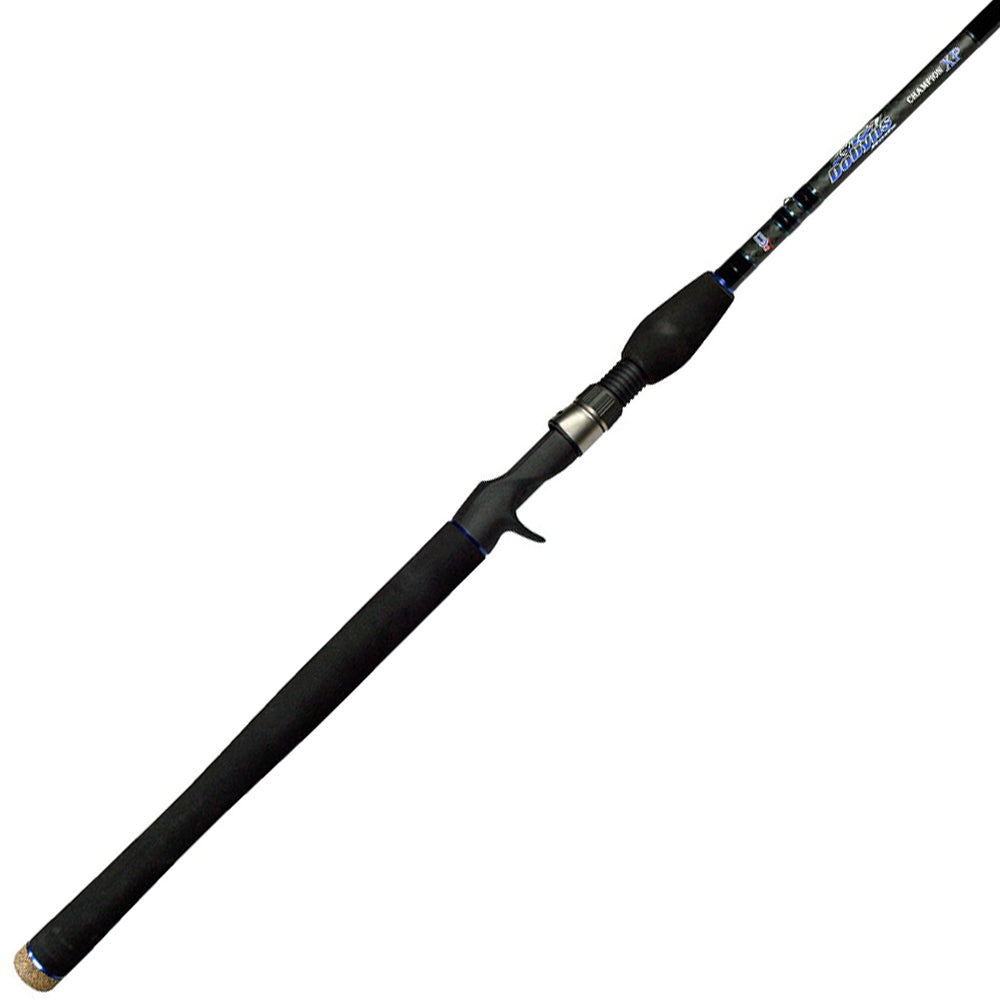 The Dobyns Champion XP 7'9" Medium Fast Swimbait Rod, in black, has a foam handle, trigger grip for easy casting, metallic reel seat, and Fuji K-guides for smooth line flow. It is angled diagonally against a white background.