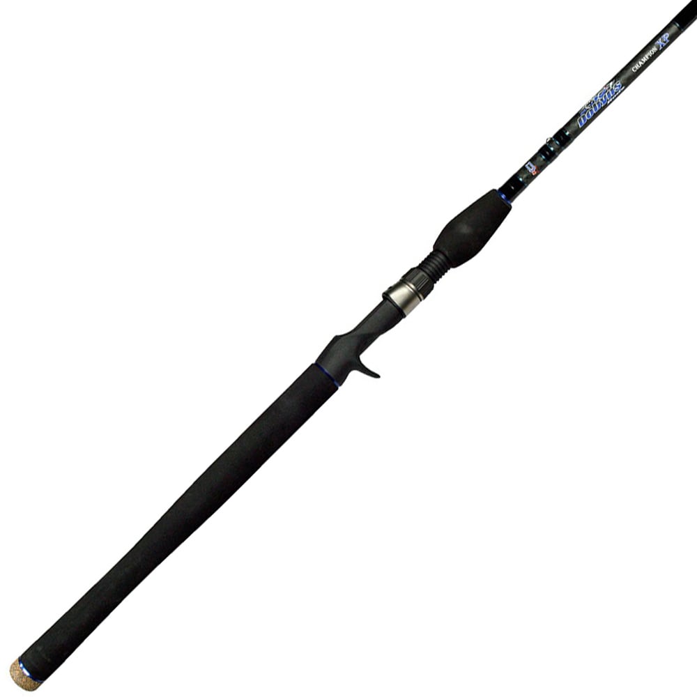 The Dobyns Champion XP 8'6" Mag Heavy Swimbait Rod showcases a black design, foam grip handle, casting reel trigger, and Fuji K-guides, with sleek blue and silver accents near the glossy handle.