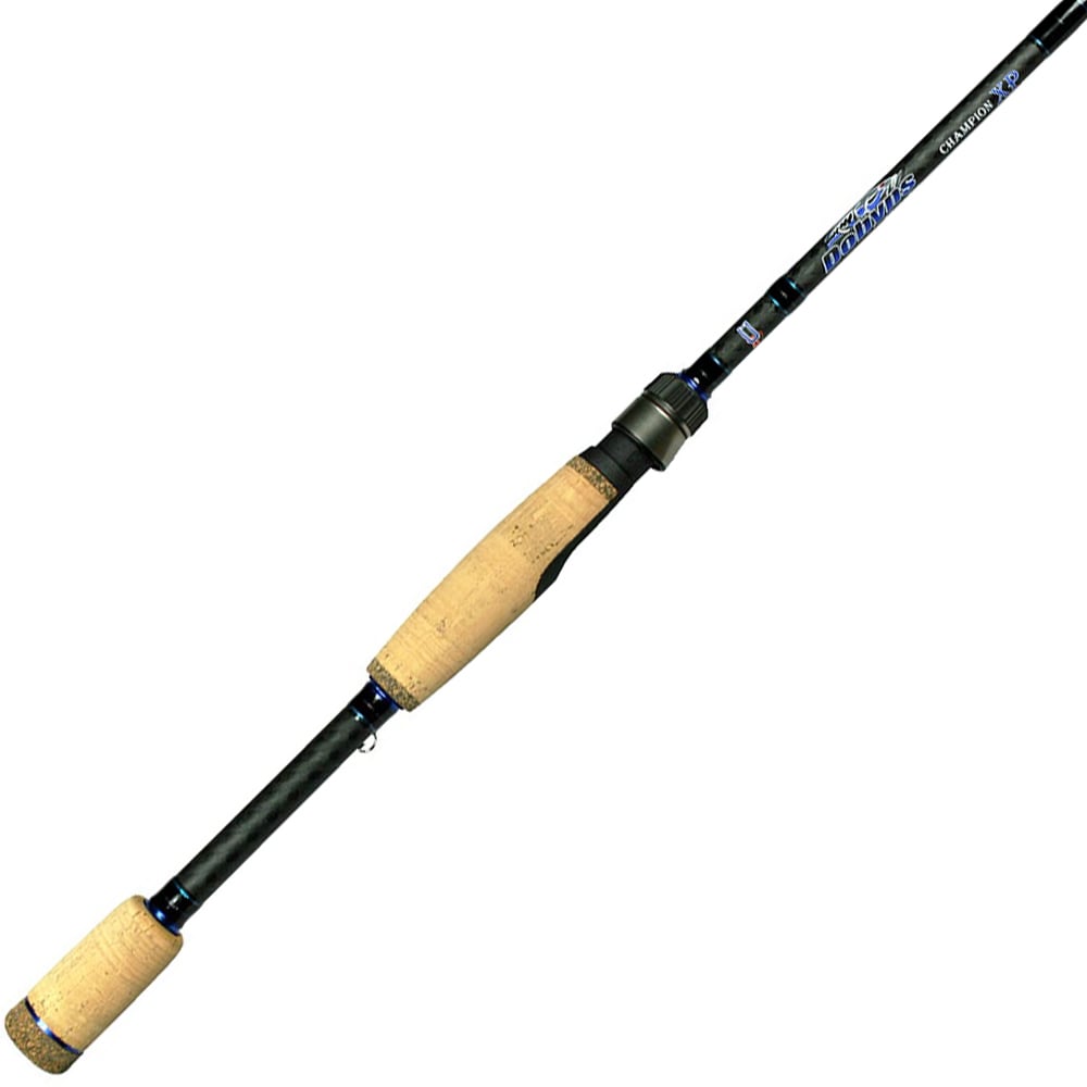 The Dobyns Champion XP 7'0" Medium Light Spinning Rod features a sleek black body with cork grips, making it perfect for bass fishing. Blue accents and text near the handle enhance its stylish design and functionality.