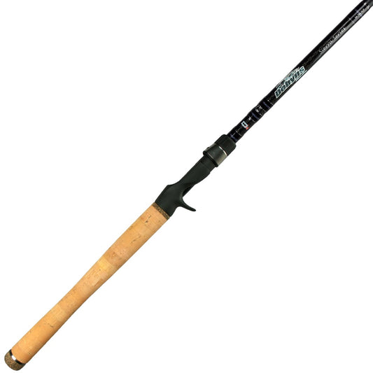 The Dobyns SIERRA Series 6'8" Medium-Heavy Casting Rod SA 683C has a black finish, cork handle, and green reel seat. Made from high modulus graphite with guides for precise casting, it combines style and performance for anglers.
