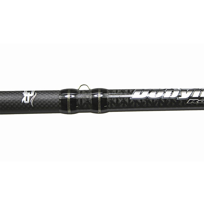 Close-up of the Dobyns Xtasy 7'5" Medium Light Spinning Rod | DRX 752SF with a sleek carbon fiber look, white and gray text, and a metal loop for the line. Made with premium Toray Nano Material for superior durability and performance.