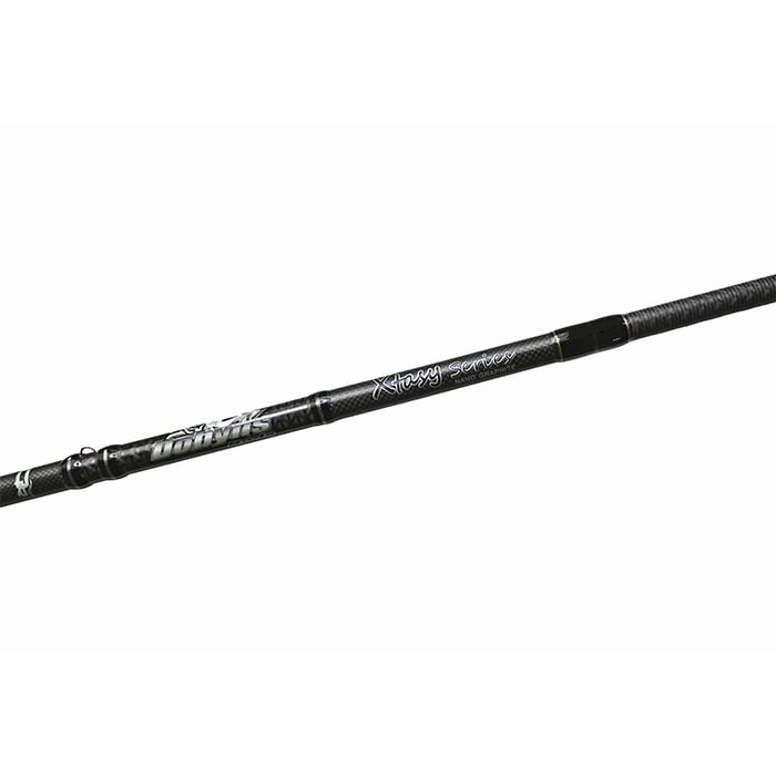 Close-up of a Dobyns Xtasy 7'5" Medium Spinning Rod featuring "Heavy Series" and "Fortress" in white. Enhanced with Fuji Torzite guides, it boasts a textured handle against a white background for superior grip and performance.