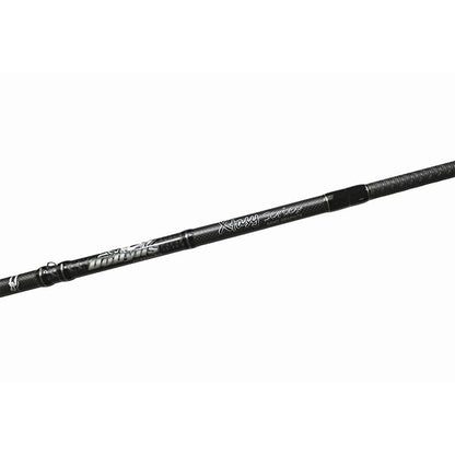 Close-up of a Dobyns Xtasy 7'5" Medium Spinning Rod featuring "Heavy Series" and "Fortress" in white. Enhanced with Fuji Torzite guides, it boasts a textured handle against a white background for superior grip and performance.