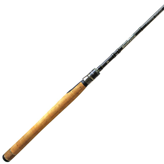The Dobyns Xtasy 7'2" Medium Light Spinning Rod (DRX 722SF) boasts a natural cork handle, sleek black design with silver accents by the handle, Fuji Torzite guides, distinctive branding, and a metal reel seat—ideal for any serious angler.