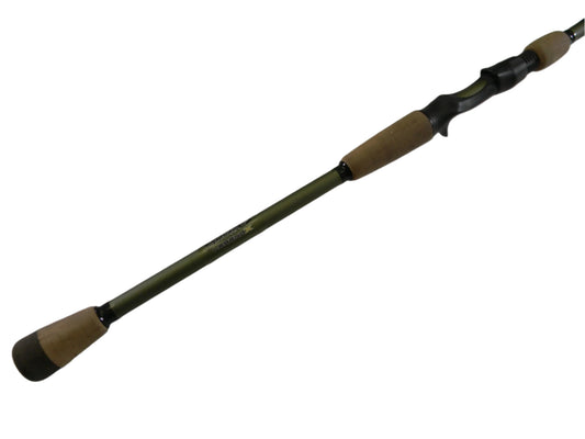 The St. Croix Legend X XLC88HF 8'8" Heavy Used Casting Rod in excellent condition features a green blank, black reel seat, and light brown cork grips—ideal for upgrading with our Rod and Reel Trade-In Program or earning store credit for used gear.