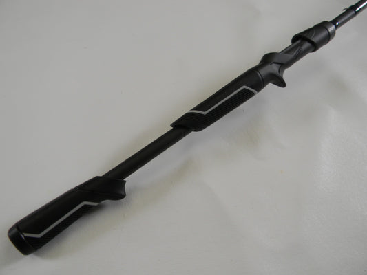 Close-up of the St. Croix Physyx PHXC72MM 7'2" Medium Used Casting Rod in mint condition with textured black grips and silver accents—ideal for trading in through our Rod and Reel Trade-In Program for store credit.