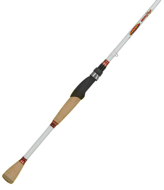 The Duckett Micro Magic Pro 7'0" Medium-Heavy Spinning Rod, a slender and lightweight design, features a light color with red accents, a cork handle, and a black reel seat. It includes a carbon fiber scrim and is perfect for versatile fishing activities.
