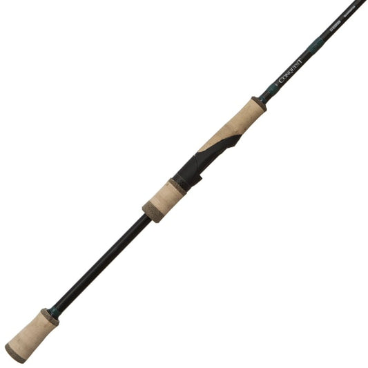 The G. Loomis Conquest CNQ 842S SJR Spin Jig Spinning Rod features a black body and tan cork handle grips, ideal for bass fishing enthusiasts, displayed diagonally on a white background.