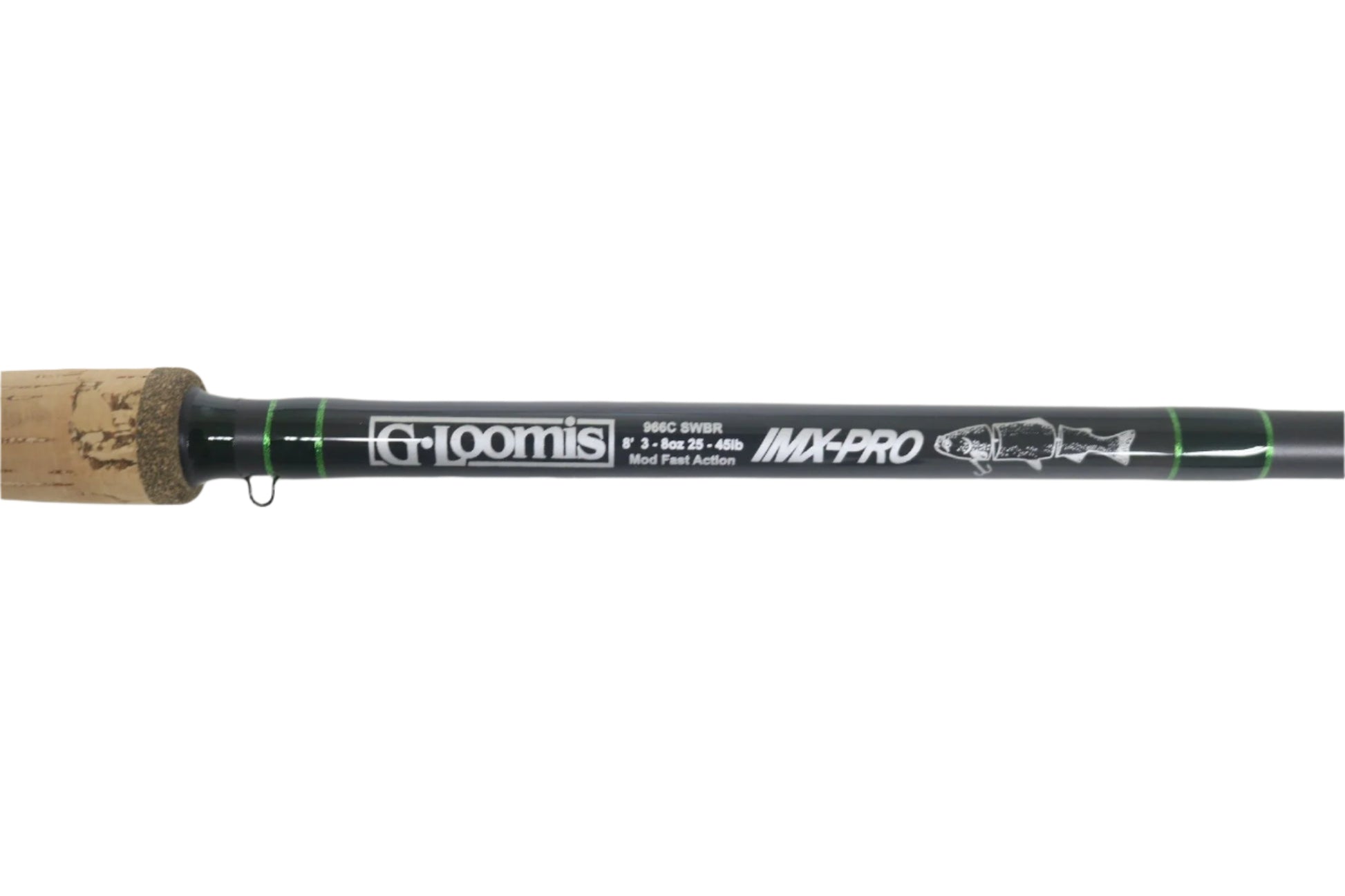 A close-up of the G. Loomis IMX-Pro 966C SWBR Used Casting Rod in excellent condition, displaying the G. Loomis logo, product name, specs, and part of its cork handle.