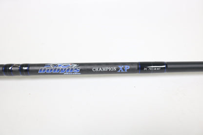 Close-up of a Dobyns Champion XP DC 795SB MT 7'9" Medium Heavy Used Casting Rod in excellent condition, displaying the brand logo and model—ideal for trade-ins or those shopping for quality used Dobyns fishing gear.
