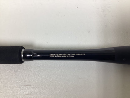 A close-up of a Shimano Zodias ZDC72MLBFSA Used Casting Rod in excellent condition, showing white specs like lure weight, line weight, and 7'2" length on the black rod with "Made in China," set against a plain white background.