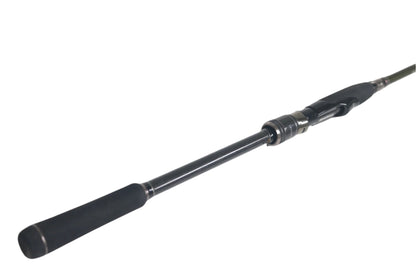 A Megabass Levante F4.5-74LVS spinning rod in excellent condition, with a foam grip handle and reel seat, lies diagonally on a white background, featuring the handle prominently in the foreground.