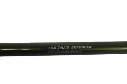Close-up of the Megabass Levante F4.5-74LVS Used Spinning Rod, featuring "ENFORCER 7' 1/4-5/8oz. 8-20lb." inscribed on a green rod against a white background, in excellent condition.