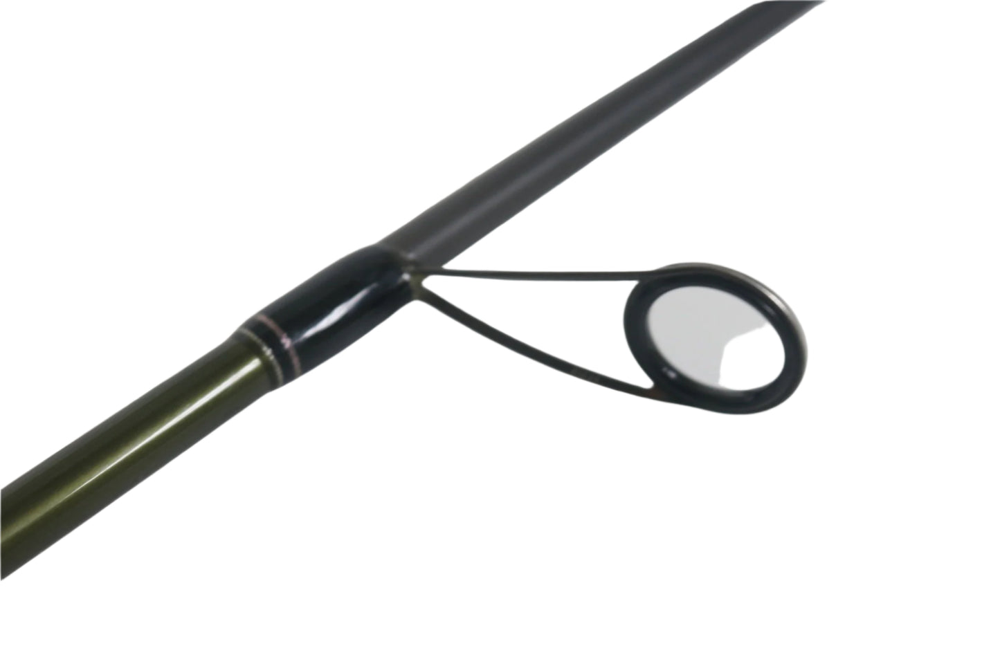 A close-up of the Megabass Levante F4.5-74LVS Spinning Rod shows its green and black body with a circular black line guide set against a white background.