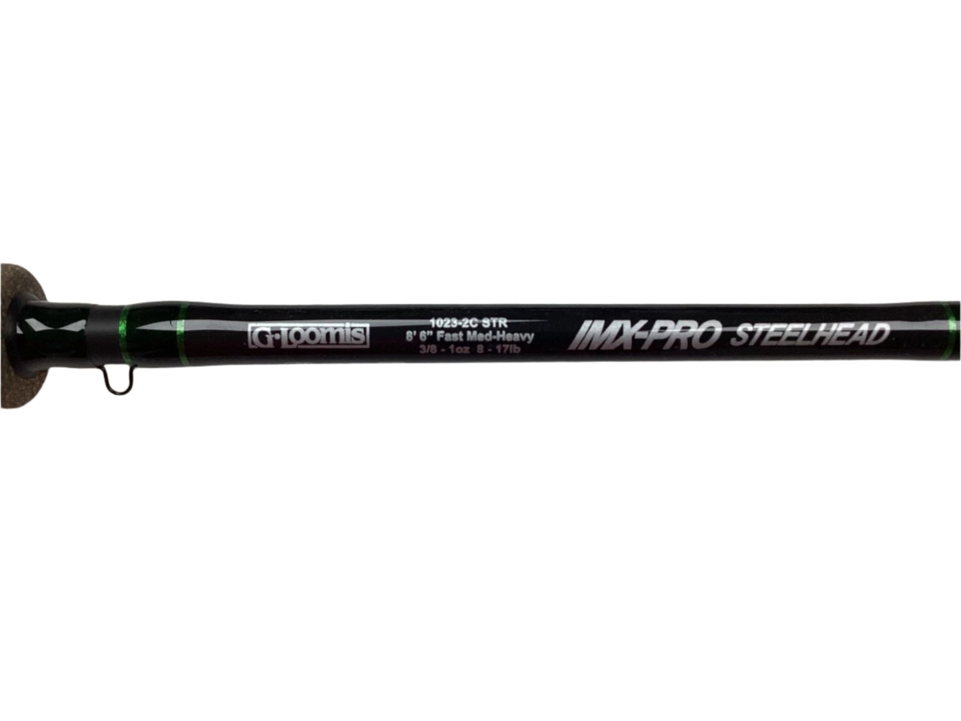 Close-up of a used G. Loomis IMX-PRO Steelhead Casting Rod 1023-2C STR, 8'6", Medium Heavy, in mint condition on a white background. This black and green rod is perfect for those interested in our Rod and Reel Trade-In Program.