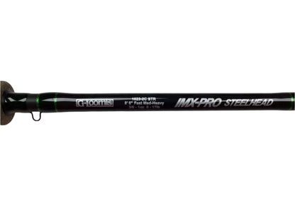 Close-up of a used G. Loomis IMX-PRO Steelhead Casting Rod 1023-2C STR, 8'6", Medium Heavy, in mint condition on a white background. This black and green rod is perfect for those interested in our Rod and Reel Trade-In Program.