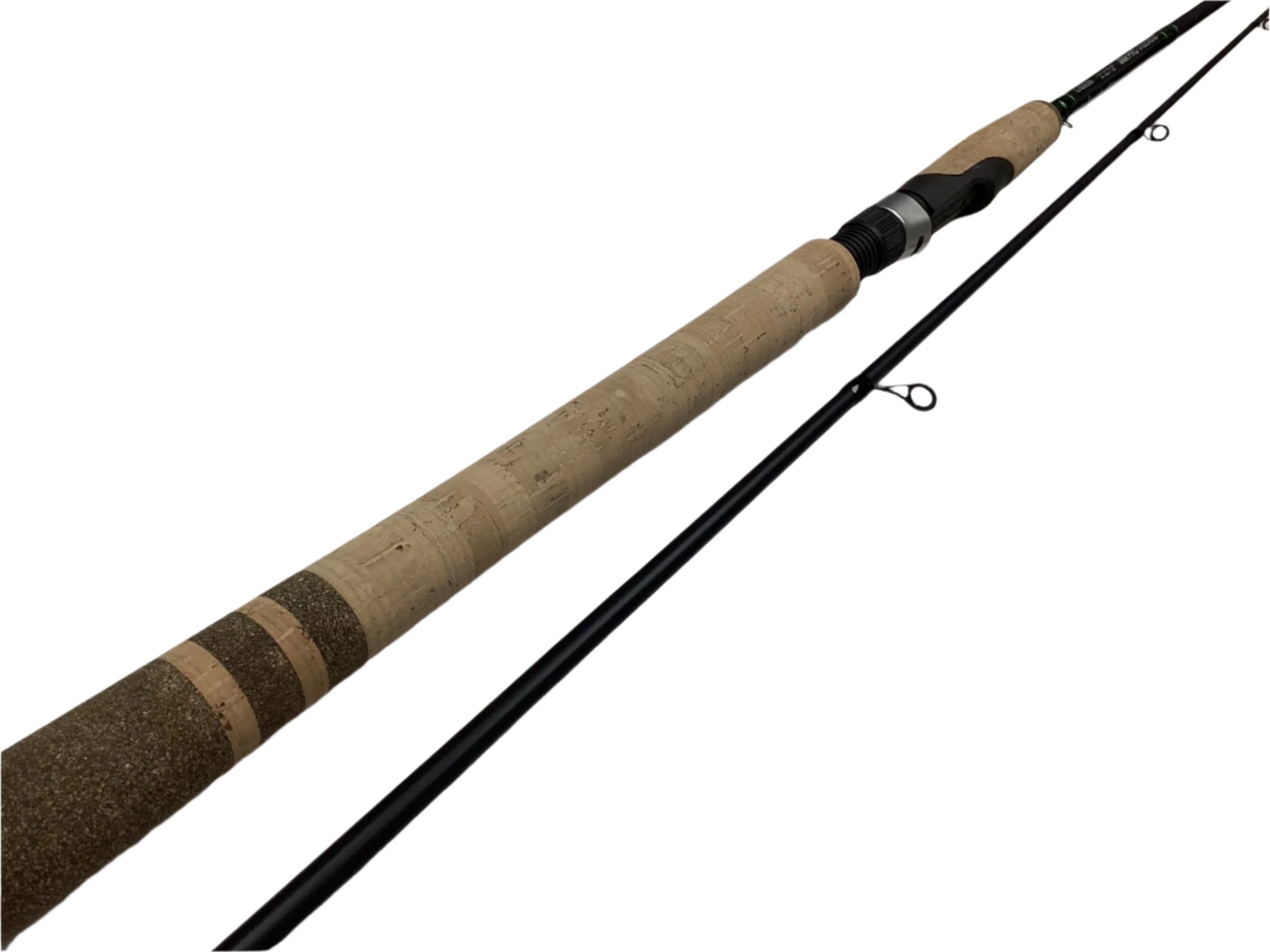 A G. Loomis IMX-PRO Steelhead Bead 1201-2S STBR 10'0" Medium Light spinning rod in mint condition, featuring a long beige cork handle, black reel seat, and partial black shaft with three line guides, is laid out on a white surface.