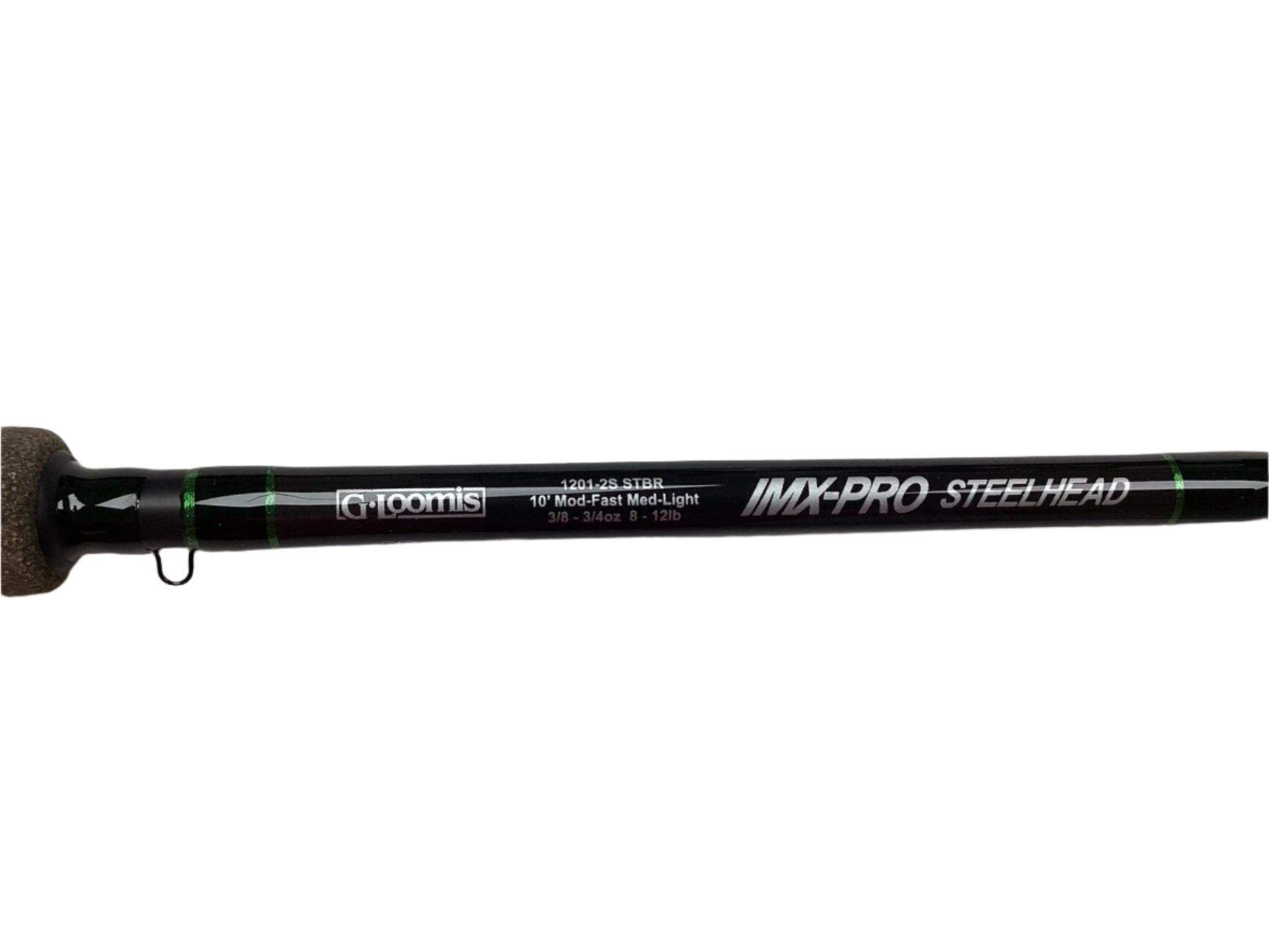 Close-up of a G. Loomis IMX-PRO Steelhead Bead rod, showing its 10' length and medium-light action suitable for 8-12 lb lines, with the handle visible on the left.