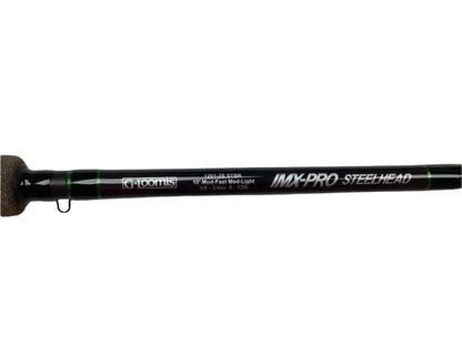 Close-up of a G. Loomis IMX-PRO Steelhead Bead rod, showing its 10' length and medium-light action suitable for 8-12 lb lines, with the handle visible on the left.