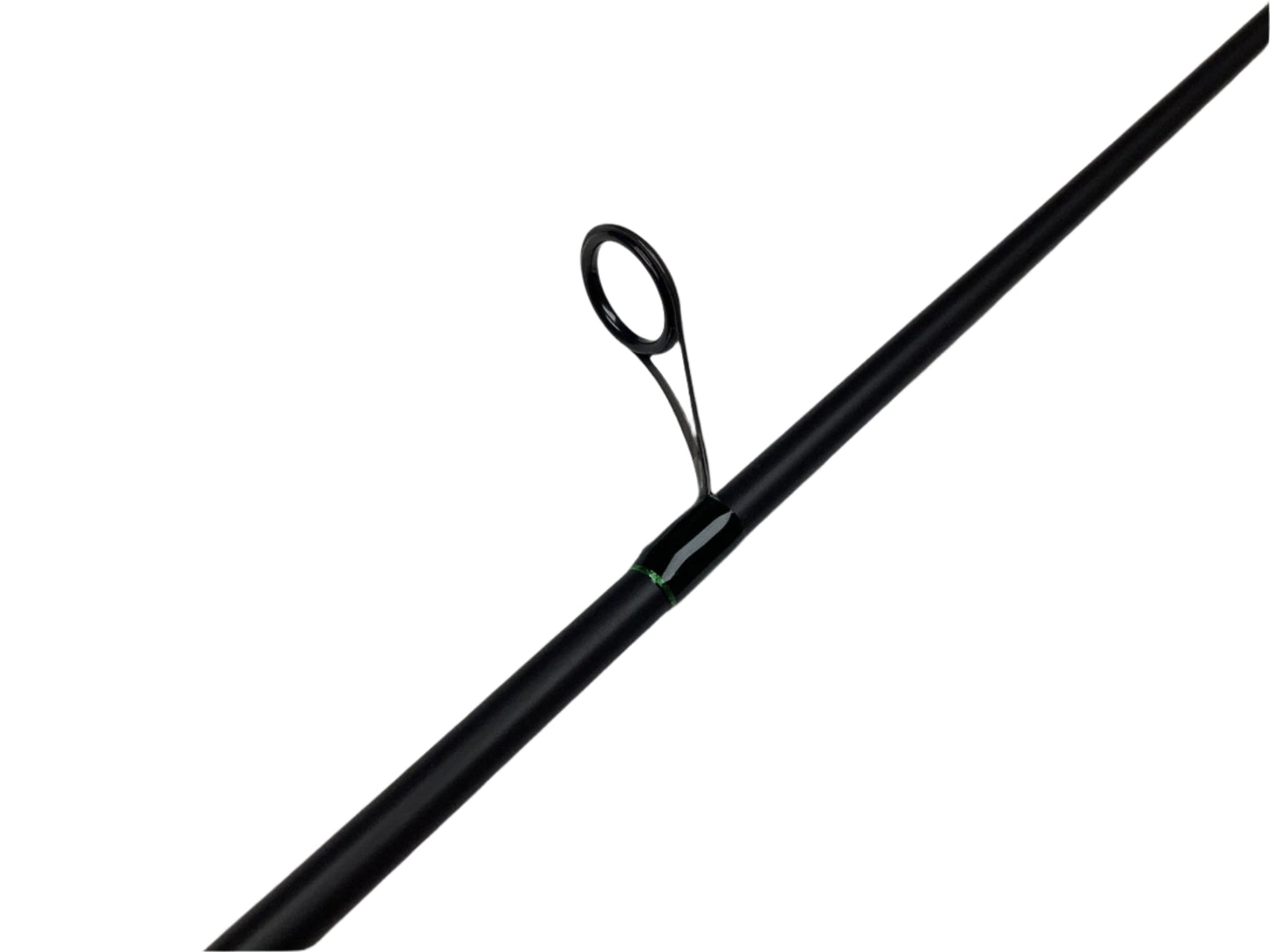 A G. Loomis IMX-PRO Steelhead Bead 1201-2S STBR 10'0" Medium Light spinning rod in mint condition rests on a white surface, showcasing a black finish, metallic guide loop, and green binding.