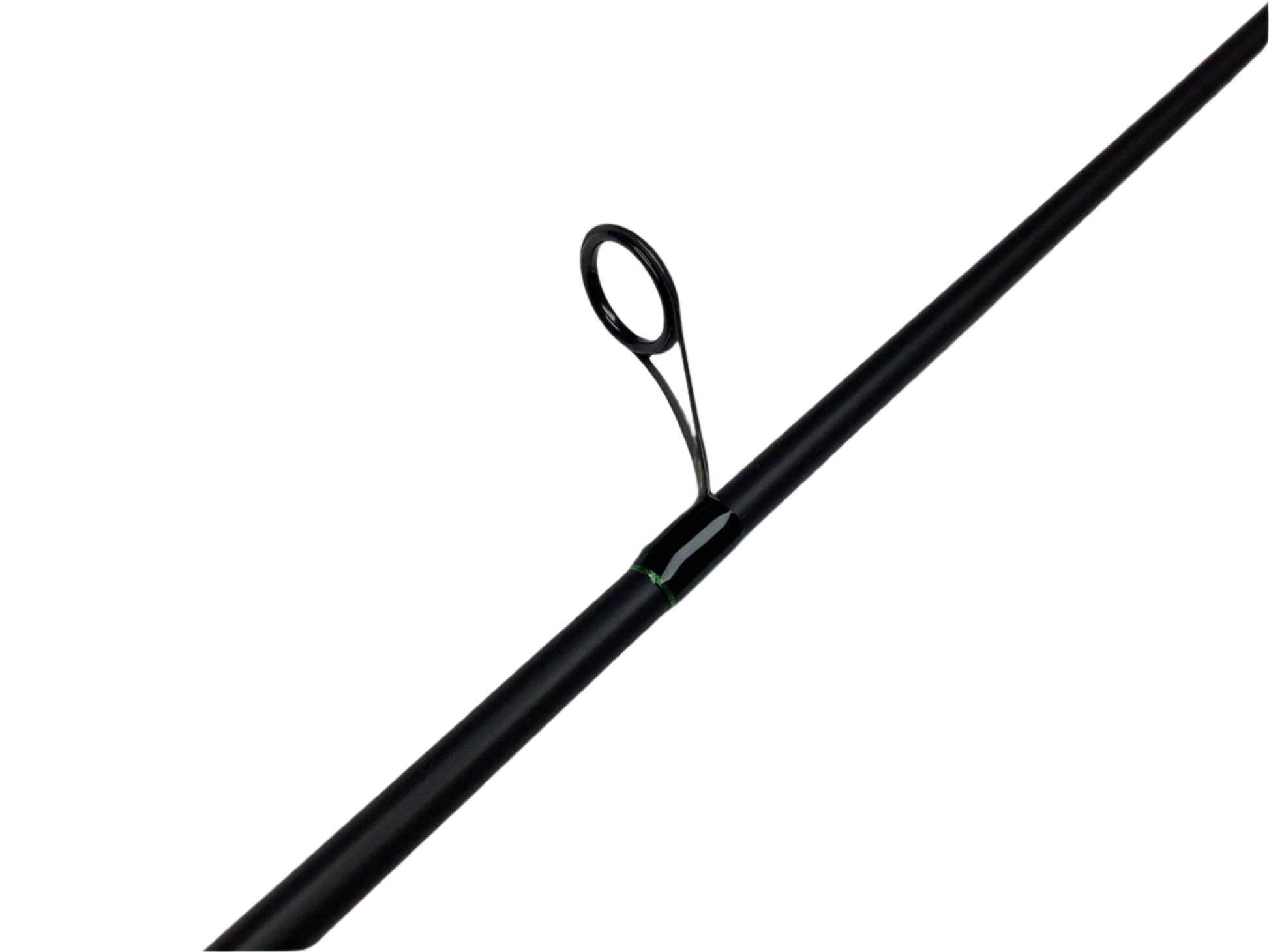 A G. Loomis IMX-PRO Steelhead Bead 1201-2S STBR 10'0" Medium Light spinning rod in mint condition rests on a white surface, showcasing a black finish, metallic guide loop, and green binding.