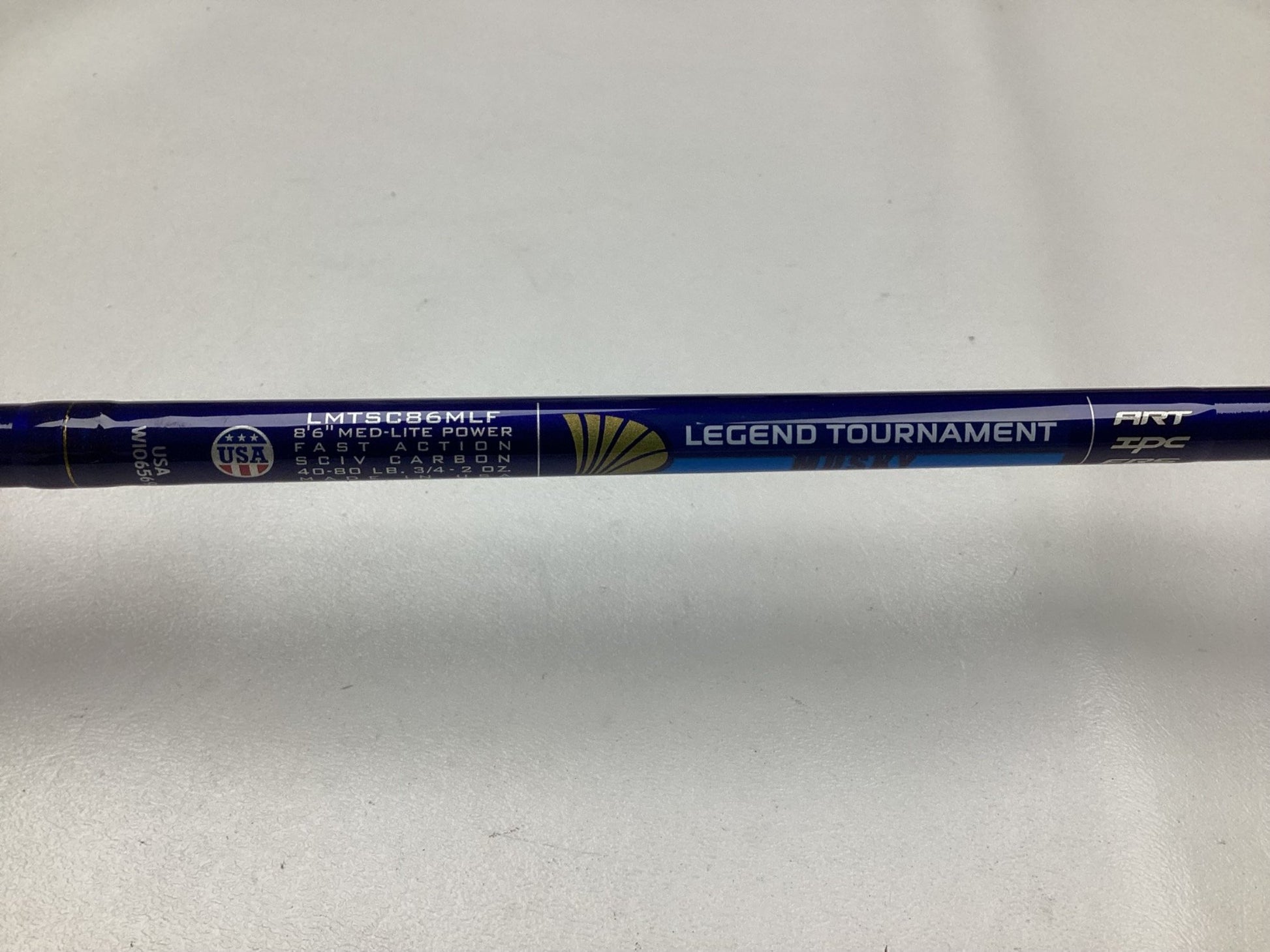 A close-up of a St. Croix Legend Tournament Musky Casting Rod, 8'6" medium light Lil' Dawg, split cork handle—used but in mint condition. Perfect for quality gear seekers or our Rod and Reel Trade-In program.
