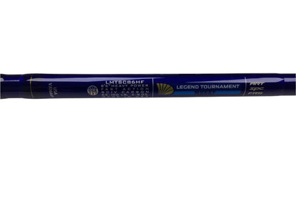 A close-up of a St. Croix Legend Tournament Musky Casting Rod Split Cork 8'6" Heavy Sling Blade—used, mint condition—showcases its label and features, ideal for anglers interested in quality pre-owned gear or rod trade-ins.