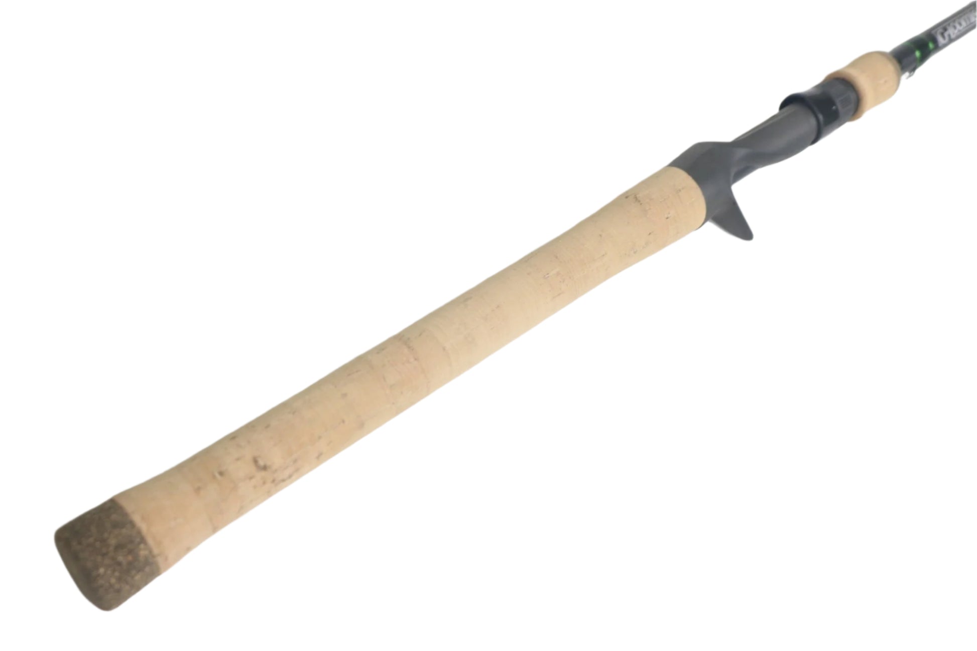 A close-up of the G. Loomis IMX-Pro 874C CRR 7'3" Heavy Casting Rod’s cork handle and black reel seat—ideal for checking this used, mint condition rod if trading in gear for store credit with our Trade-In Program.