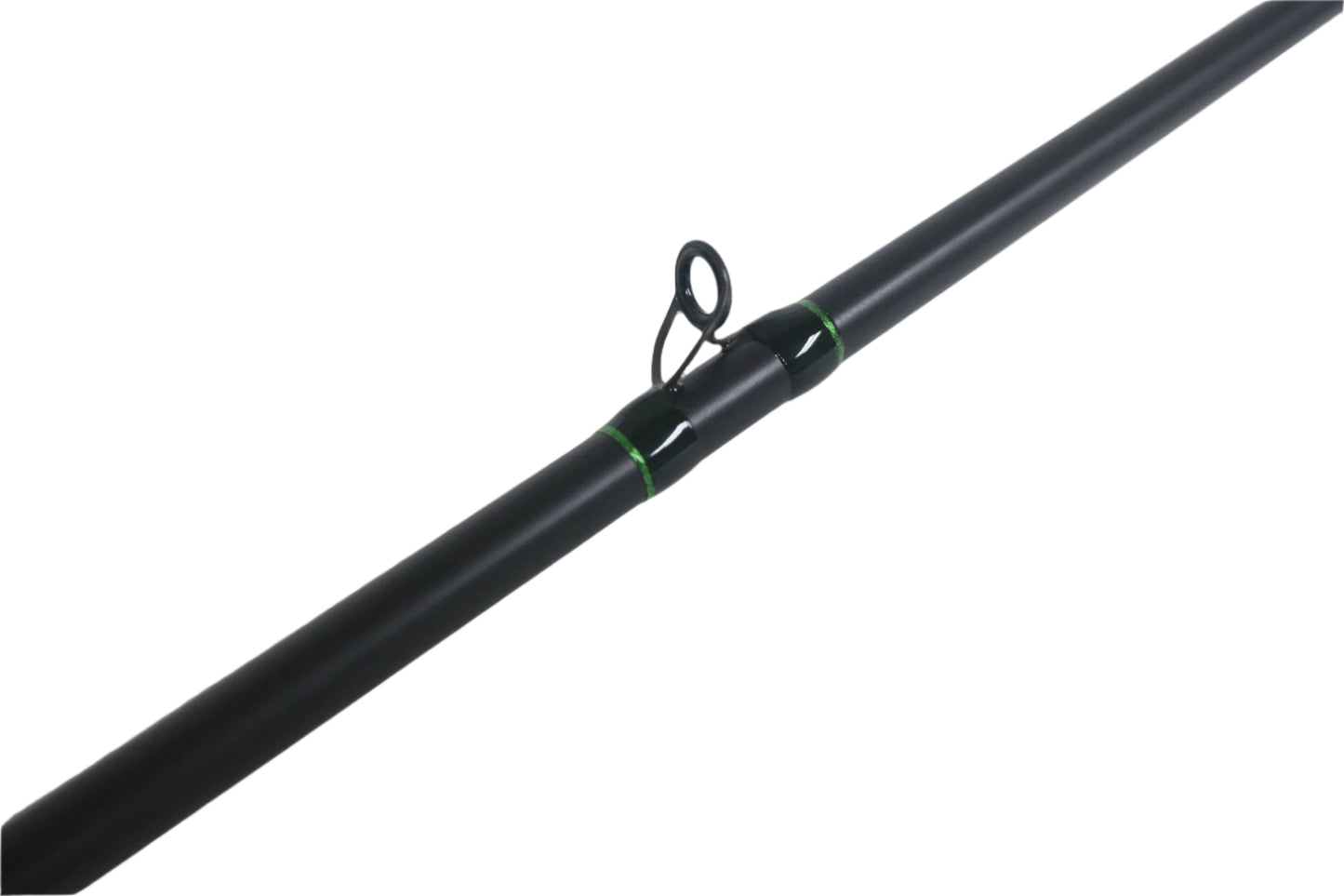 A close-up of the G. Loomis IMX-Pro 874C CRR 7'3" Heavy Used Casting Rod in mint condition, showcasing its black finish with green accents—perfect for assessing gear quality or our Rod and Reel Trade-In Program.