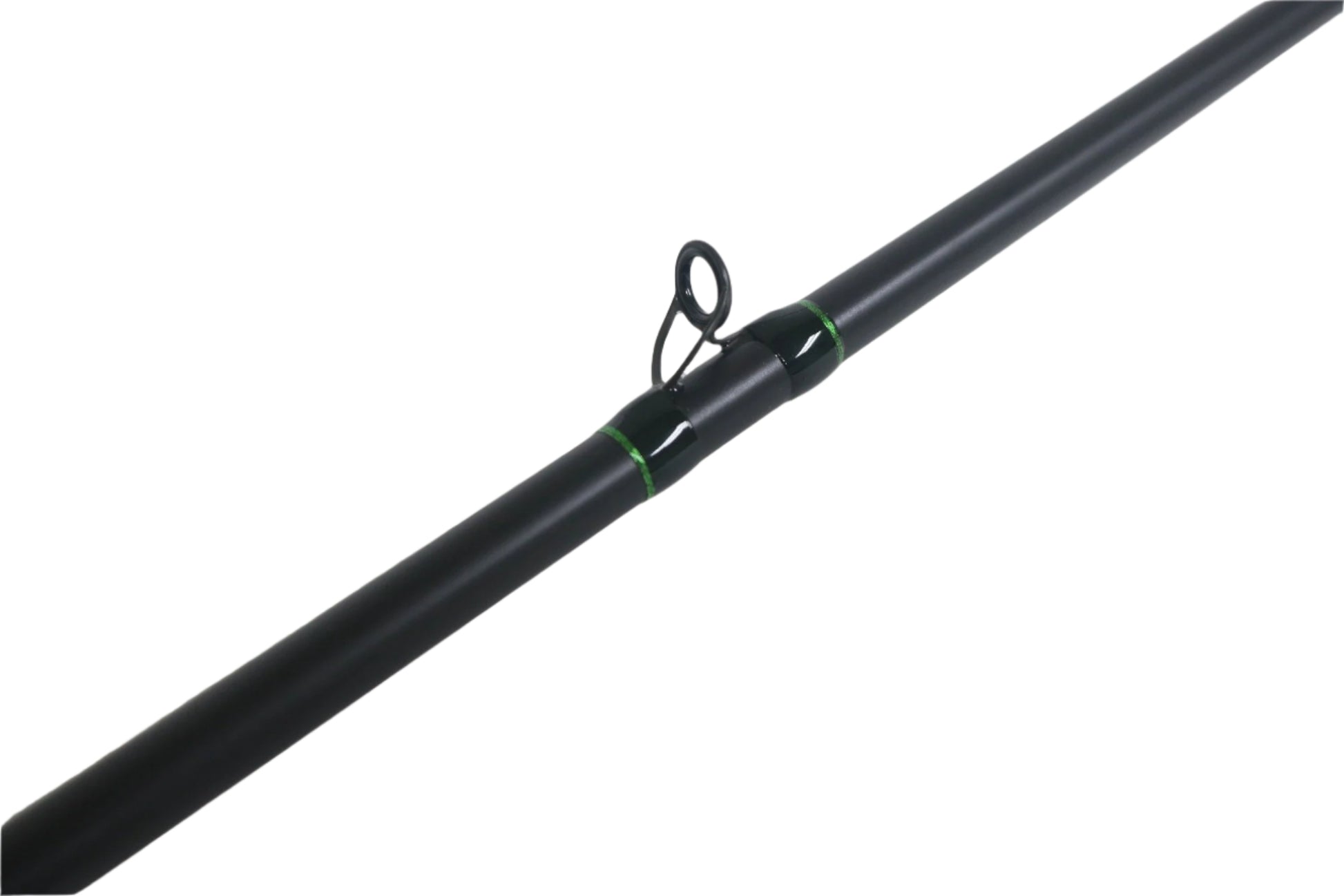 A close-up of the G. Loomis IMX-Pro 874C CRR 7'3" Heavy Used Casting Rod in mint condition, showcasing its black finish with green accents—perfect for assessing gear quality or our Rod and Reel Trade-In Program.