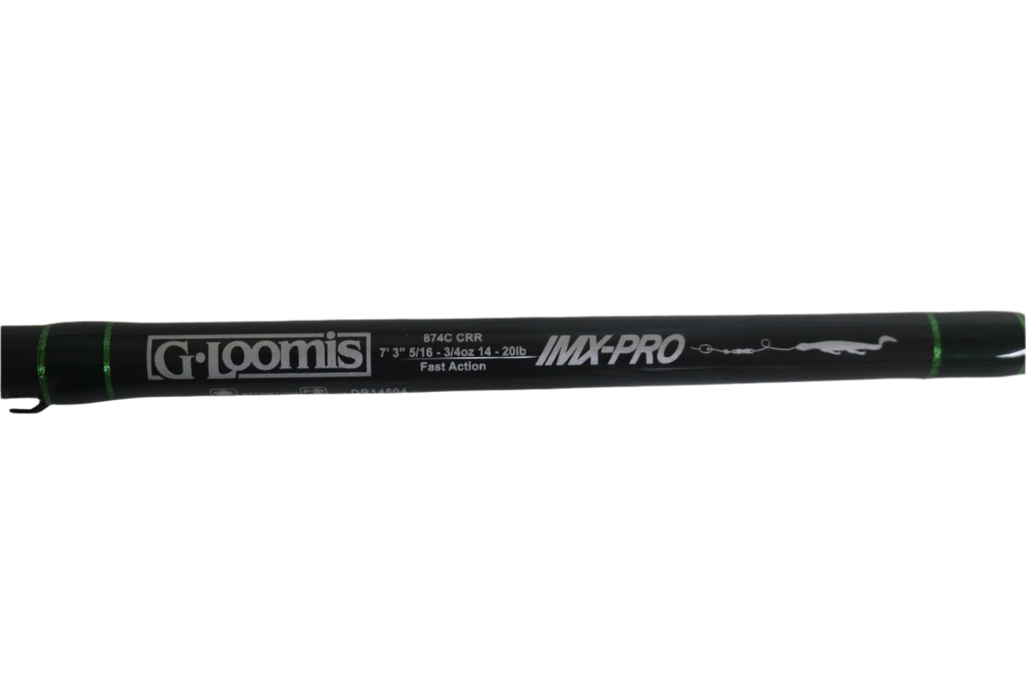 Close-up of a black G. Loomis IMX-Pro 874C CRR 7'3" Heavy Used Casting Rod in mint condition—ideal for our Rod and Reel Trade-In Program if you want to upgrade or earn store credit for quality pre-owned gear.