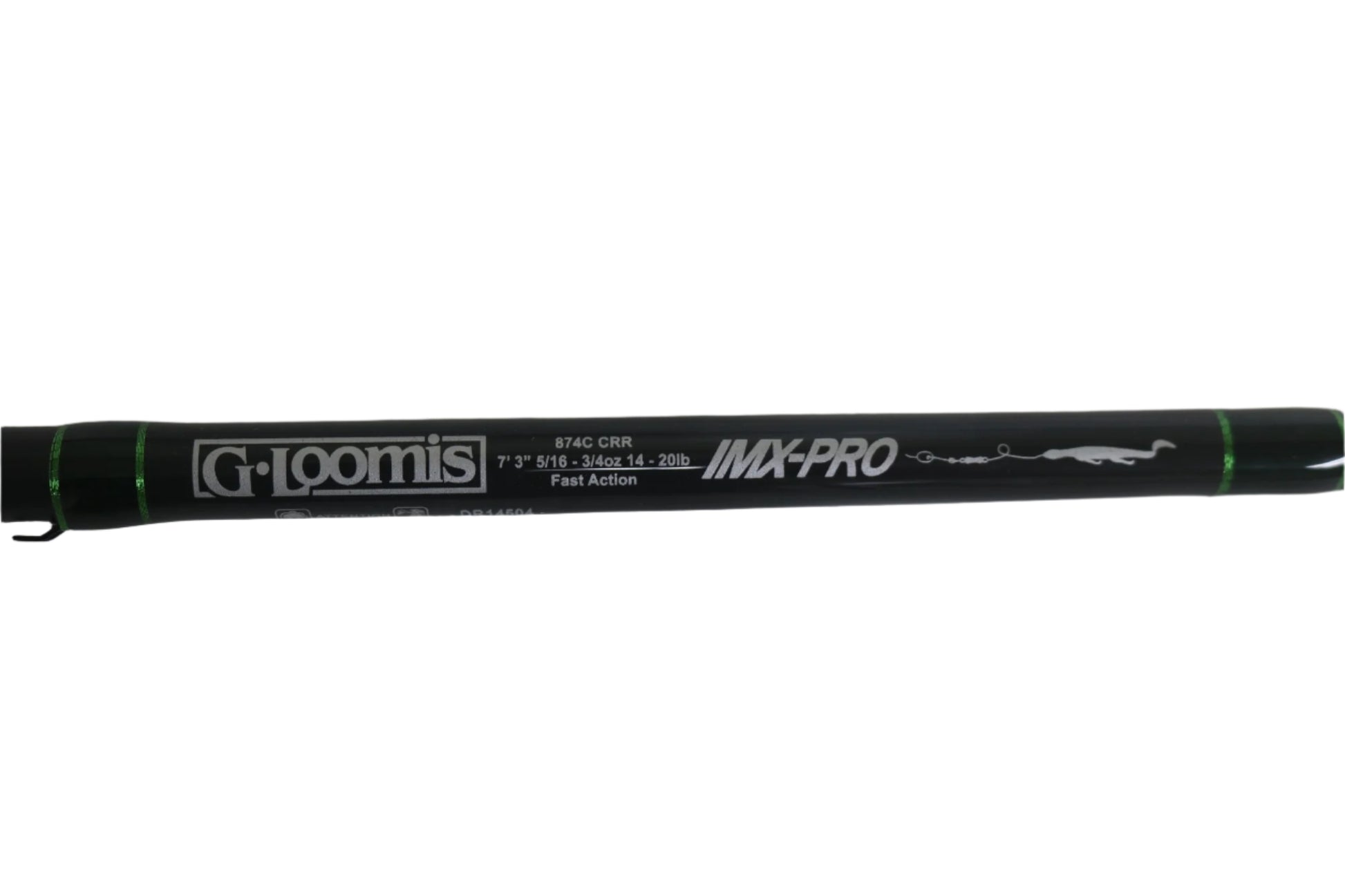 Close-up of a black G. Loomis IMX-Pro 874C CRR 7'3" Heavy Used Casting Rod in mint condition—ideal for our Rod and Reel Trade-In Program if you want to upgrade or earn store credit for quality pre-owned gear.