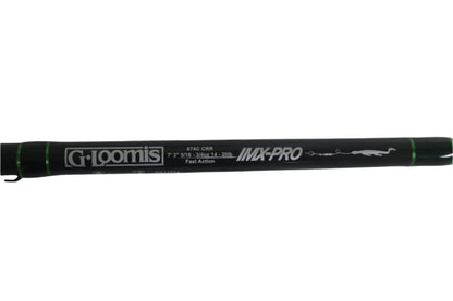 Close-up of a black G. Loomis IMX-Pro 874C CRR 7'3" Heavy Used Casting Rod in mint condition—ideal for our Rod and Reel Trade-In Program if you want to upgrade or earn store credit for quality pre-owned gear.