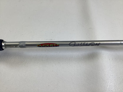 A close-up of the Duckett Jacob Wheeler Select DFWS73M-CC 7'3" Medium Crankin Used Casting Rod in excellent condition, featuring the "DUCKETT" logo and "Jacob Wheeler Series." Trade in your used gear for store credit today!.