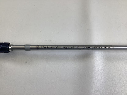 A close-up of the Duckett Jacob Wheeler Select DFWS73M-CC 7'3" Medium Crankin Used Casting Rod in excellent condition—ideal for our Rod and Reel Trade-In Program—shows product text on a light background.