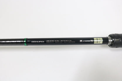 A close-up of a Shimano Curado CDC610LBFSGA 6'10" Light used casting rod in excellent condition, showing model and line rating info in white text and a green band near the handle—ideal for rod and reel trade-in or store credit.