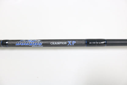 Close-up of a Dobyns Champion XP Series DC 735CB Glass Used Casting Rod in very good condition, perfect for anglers looking to trade in or upgrade their used fishing gear. Brand: Dobyns.
