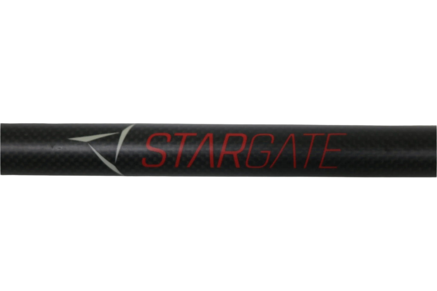 This used Airrus Stargate ASG711MHF-C 7'1" Medium Heavy casting rod features a black carbon fiber textured finish, "STARGATE" in red, a white angular logo, and is ideal for store credit via our Rod and Reel Trade-In Program.