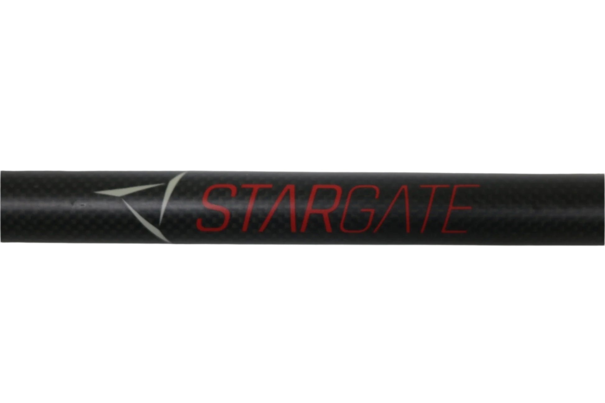 This used Airrus Stargate ASG711MHF-C 7'1" Medium Heavy casting rod features a black carbon fiber textured finish, "STARGATE" in red, a white angular logo, and is ideal for store credit via our Rod and Reel Trade-In Program.