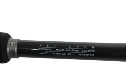 Close-up of an Airrus Stargate ASG711MHF-C 7'1" Medium Heavy Used Casting Rod in excellent condition, featured in our Rod and Reel Trade-In Program—trade your used gear for store credit. The rod’s shaft displays specs in white text.